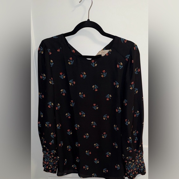 LOFT Tops - LOFT Black Floral Long-Sleeve Blouse with Red and Blue Accents